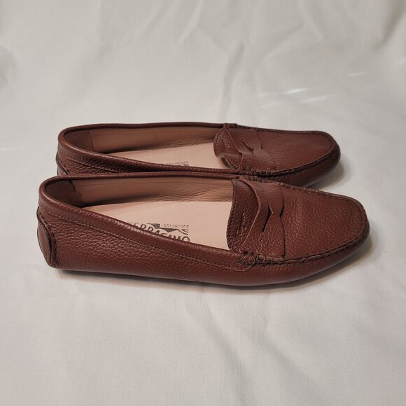 Salvatore Ferragamo Brown Leather Women's Driver Loafer Monogram Logo Flat 7.5 - Picture 4 of 14